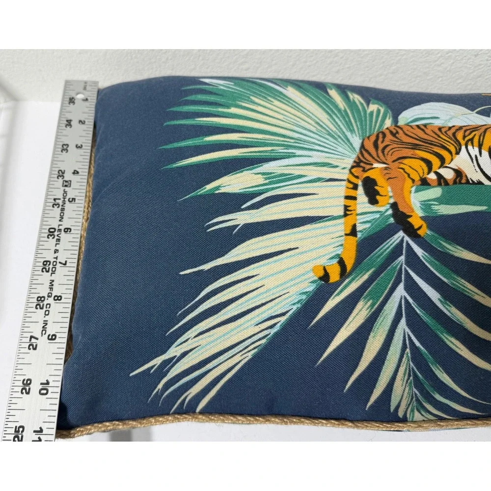 Allen + Roth Bengal Tiger Tropical Palm Lumbar Pillow Navy Blue Jute Trim 20x11